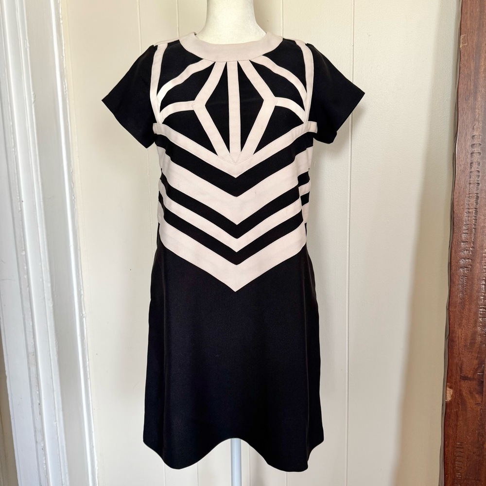 Vintage Karta Graphic Chevron Panel Black & Cream Mod Mini Shift Dress Small